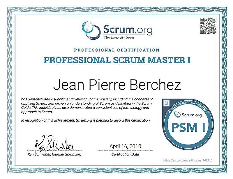 Beispiel für ein Zertifikat der Scrum.org für den Professional Scrum Master