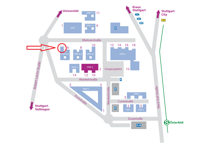 Die Grafik zeigt einen Plan der anzeigt wo die Schulungsräume von Scrum-Events im Stuttgart Engineering Park liegen.